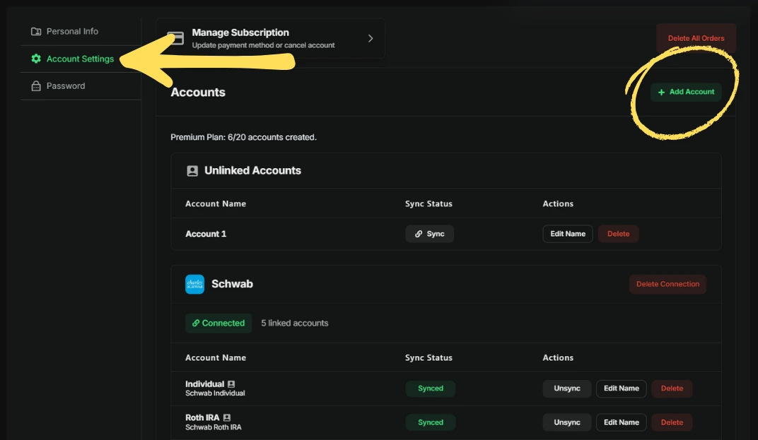 Navigate to Profile Settings in Traderlog to manage linked brokerage accounts