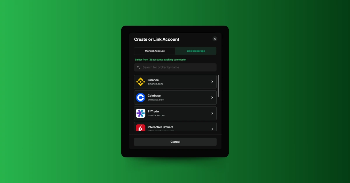 Create or Link Account feature to link your external brokerage accounts to TraderLog