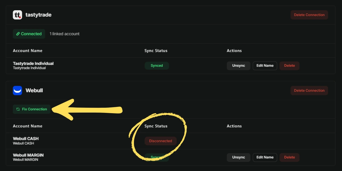 Navigate to Profile Settings in Traderlog to manage linked brokerage accounts