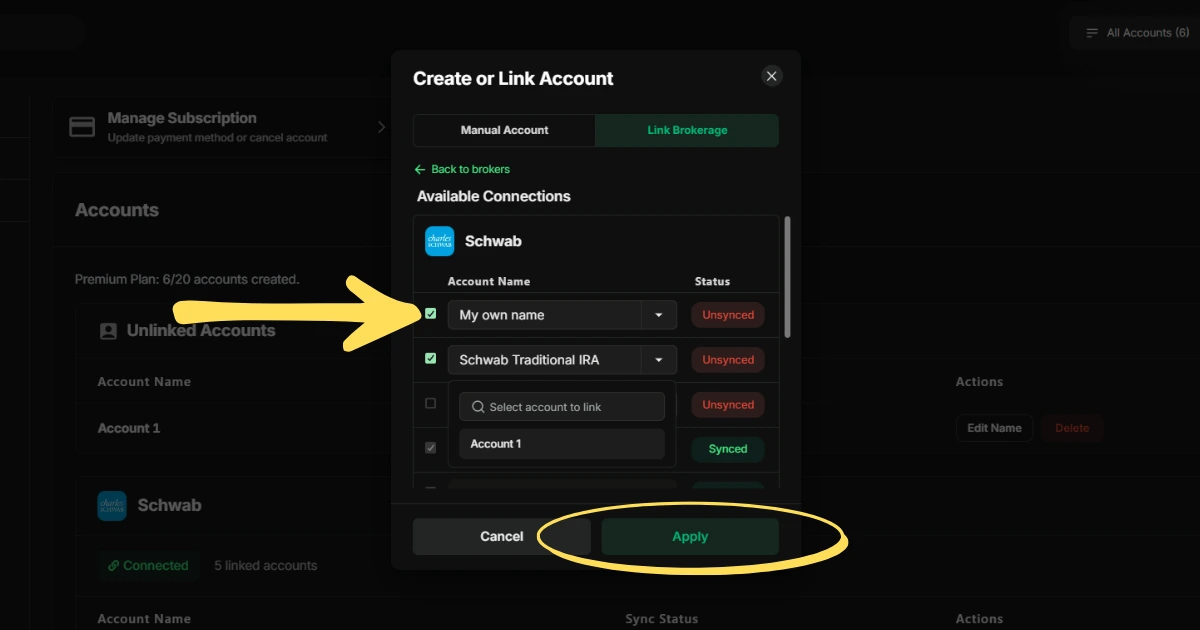 Navigate to Profile Settings in Traderlog to manage linked brokerage accounts