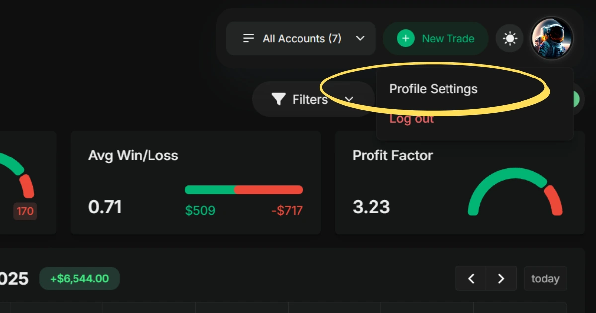 Navigate to Profile Settings in Traderlog to manage linked brokerage accounts